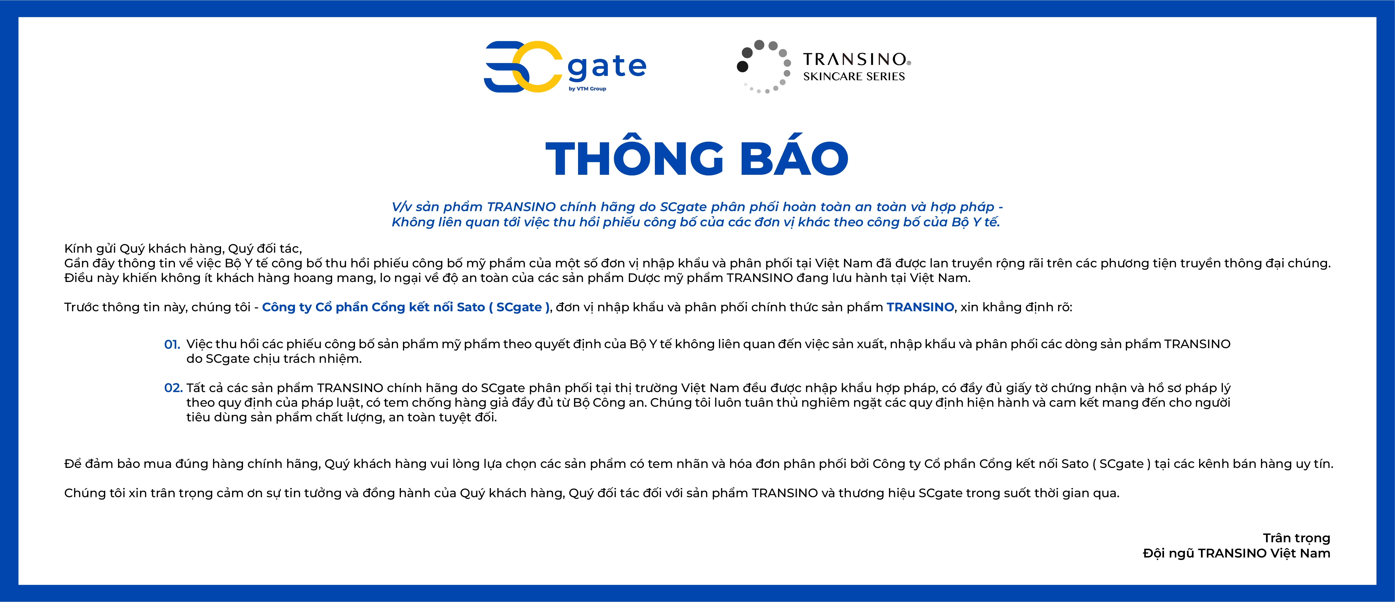 THÔNG BÁO CHÍNH THỨC Về sản phẩm TRANSINO chính hãng do SCgate phân phối hoàn toàn an toàn và hợp pháp